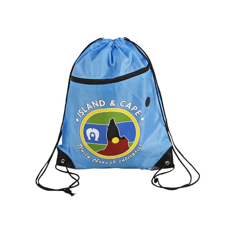 Picture of Polyester Drawstring Bag with Zippered Pocket