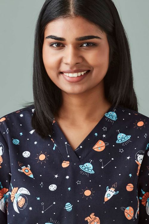 Picture of Womens Printed Space Party Scrub Top