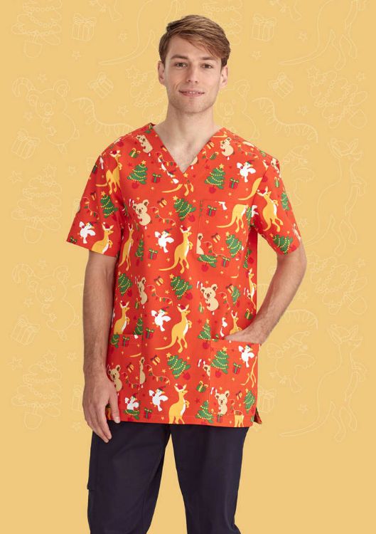 Picture of Mens Christmas V-Neck Short Sleeve Scrub Top