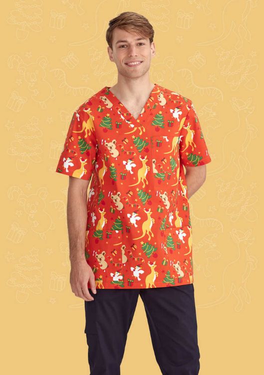 Picture of Mens Christmas V-Neck Short Sleeve Scrub Top