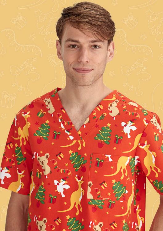 Picture of Mens Christmas V-Neck Short Sleeve Scrub Top