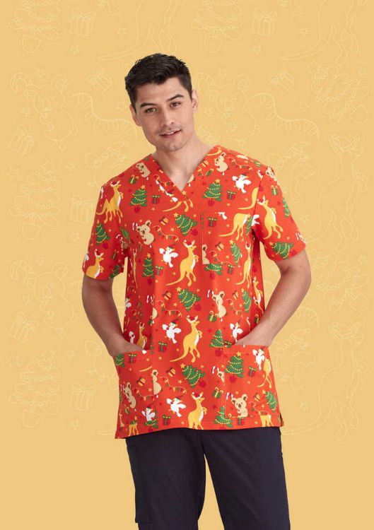 Picture of Mens Christmas V-Neck Short Sleeve Scrub Top