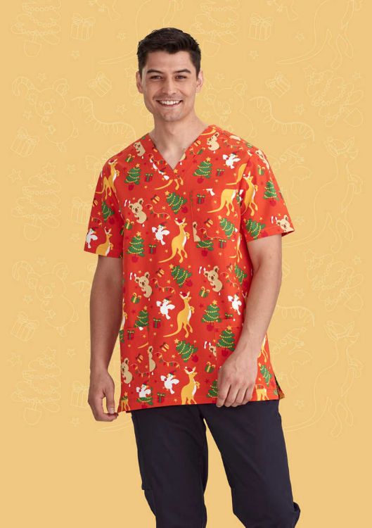 Picture of Mens Christmas V-Neck Short Sleeve Scrub Top