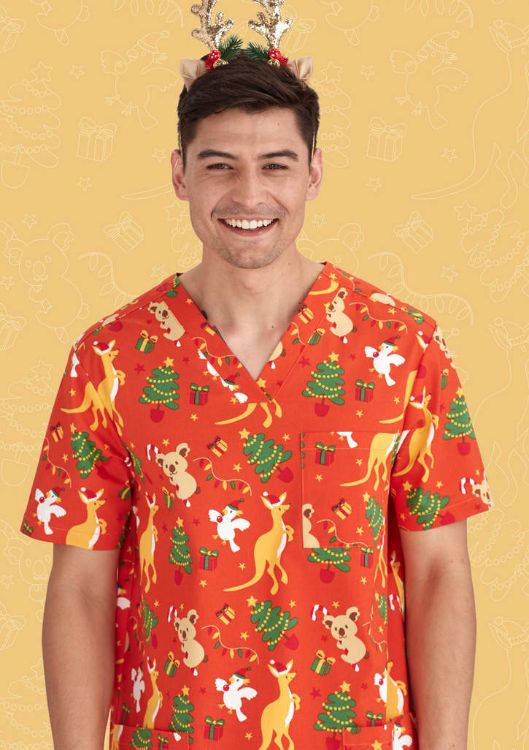 Picture of Mens Christmas V-Neck Short Sleeve Scrub Top