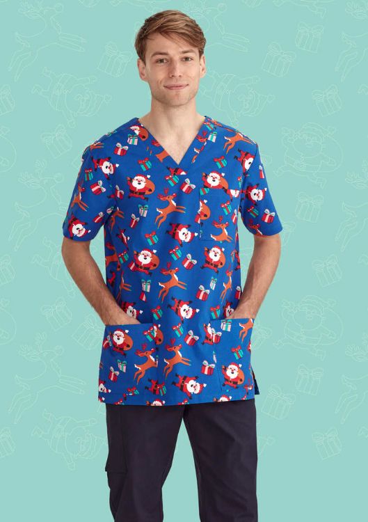 Picture of Mens Christmas V-Neck Short Sleeve Scrub Top