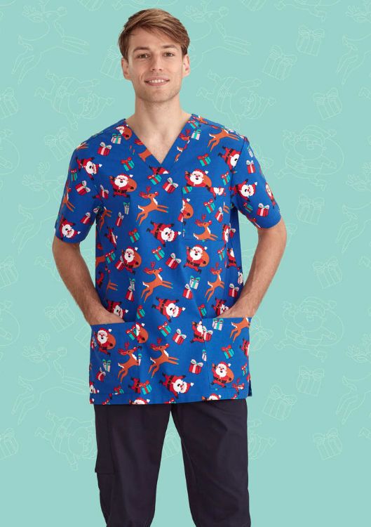 Picture of Mens Christmas V-Neck Short Sleeve Scrub Top