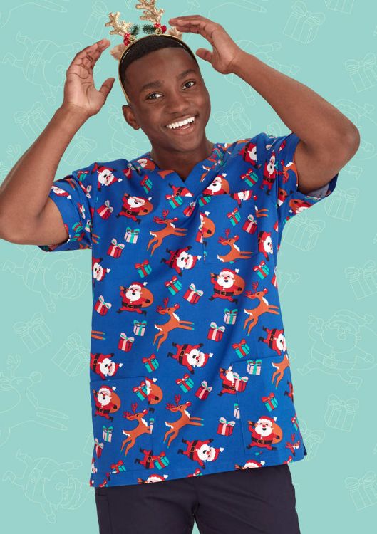 Picture of Mens Christmas V-Neck Short Sleeve Scrub Top