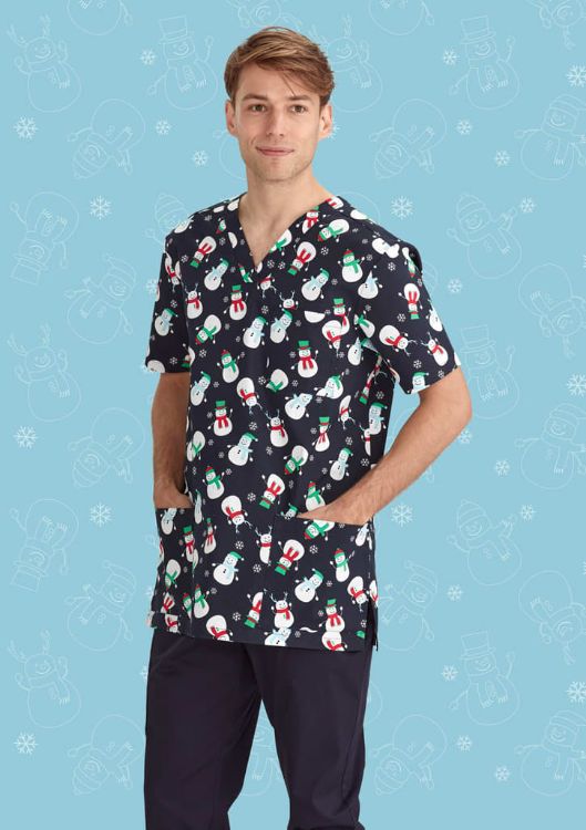 Picture of Mens Christmas V-Neck Short Sleeve Scrub Top