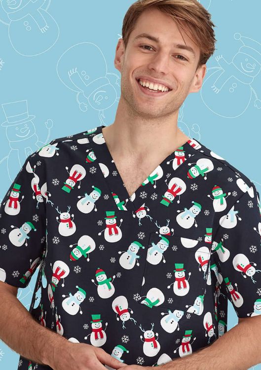 Picture of Mens Christmas V-Neck Short Sleeve Scrub Top