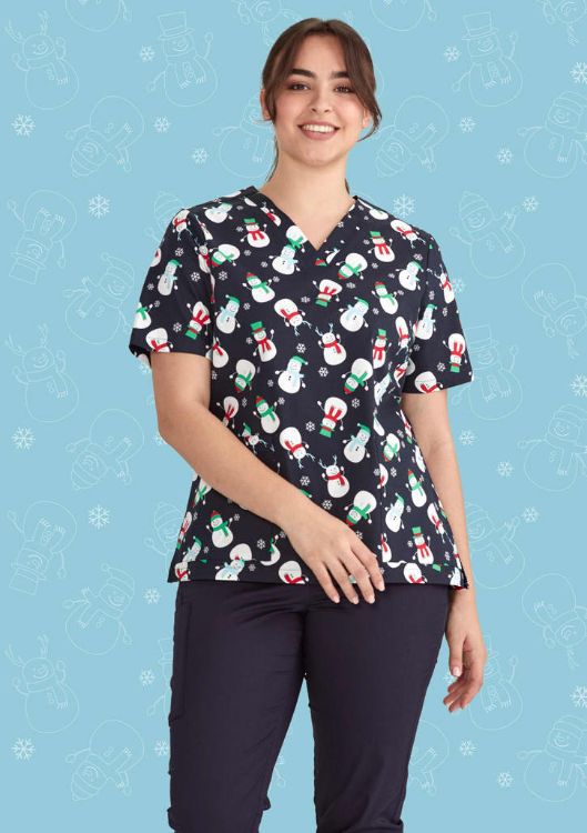 Picture of Womens Christmas V-Neck Short Sleeve Scrub Top