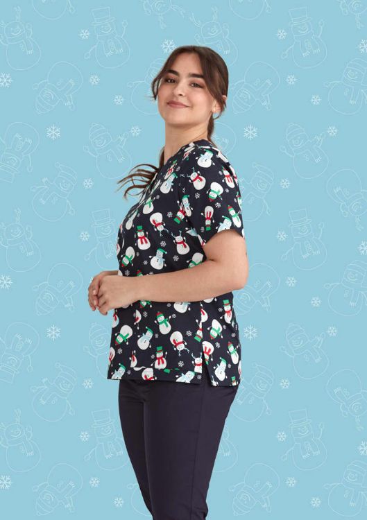 Picture of Womens Christmas V-Neck Short Sleeve Scrub Top