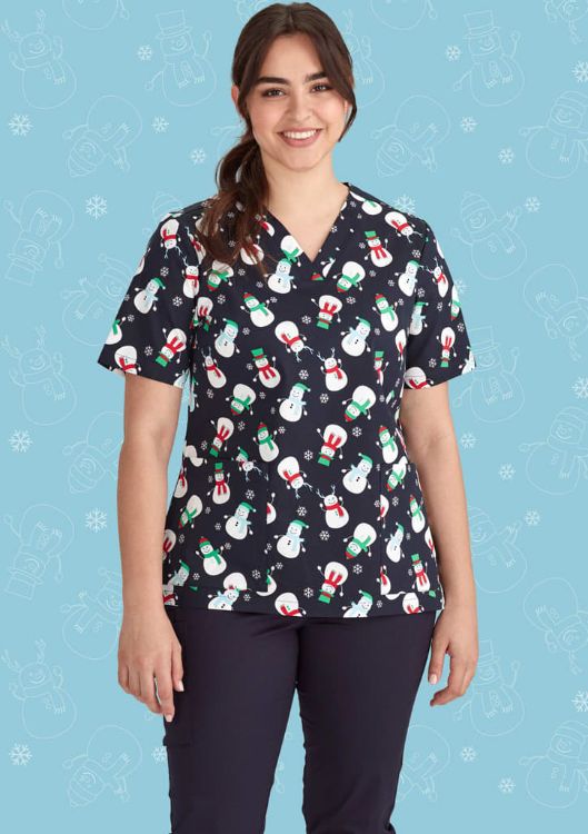 Picture of Womens Christmas V-Neck Short Sleeve Scrub Top