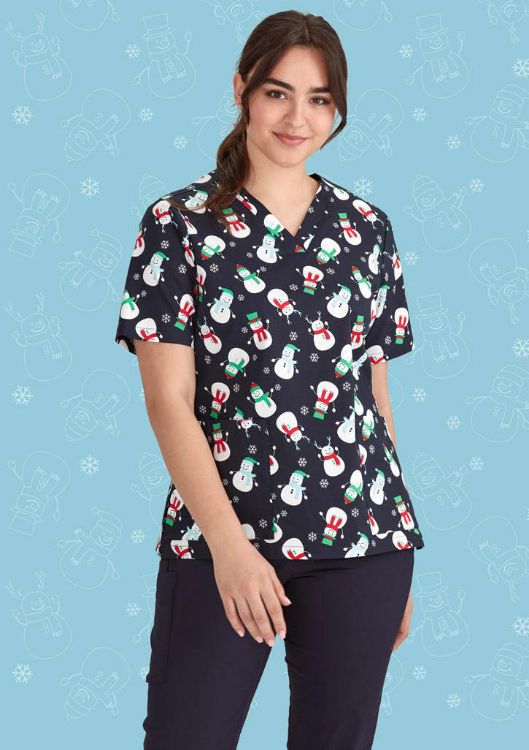 Picture of Womens Christmas V-Neck Short Sleeve Scrub Top