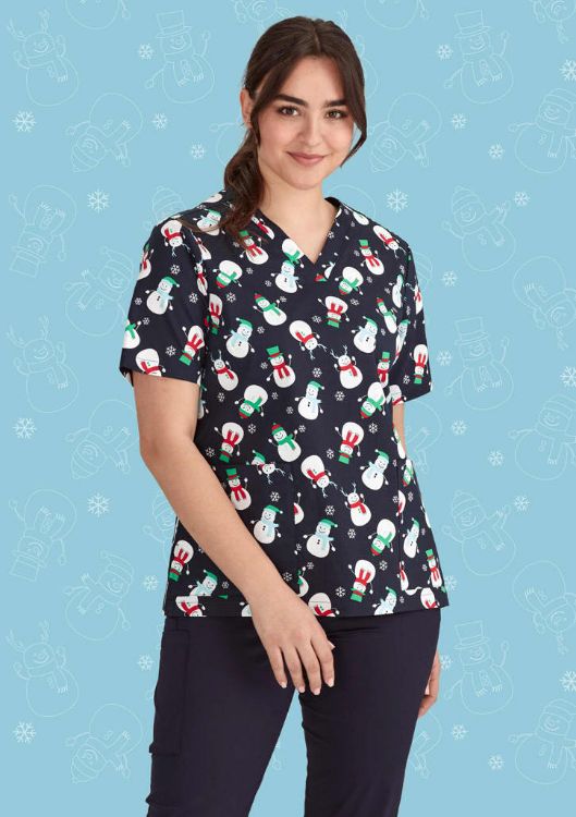 Picture of Womens Christmas V-Neck Short Sleeve Scrub Top