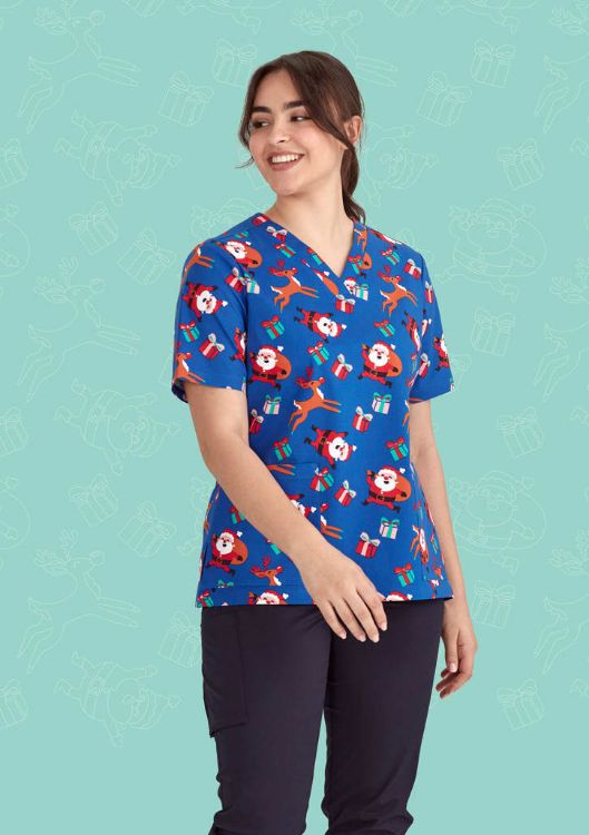 Picture of Womens Christmas V-Neck Short Sleeve Scrub Top