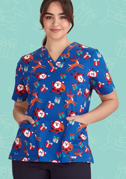 Picture of Womens Christmas V-Neck Short Sleeve Scrub Top