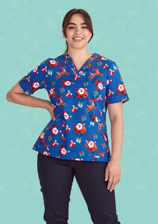 Picture of Womens Christmas V-Neck Short Sleeve Scrub Top